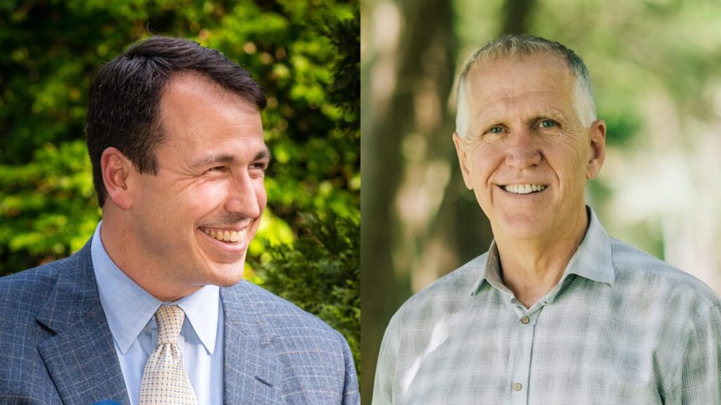 On the left, Democrat Cal Cunningham, who is running for a North Carolina U.S. Senate seat, smiles outside while wearing a jacket and tie. On the right, Senator Thom Tillis, a Republican running to remain in the seat, smiles while outside in a button down shirt.