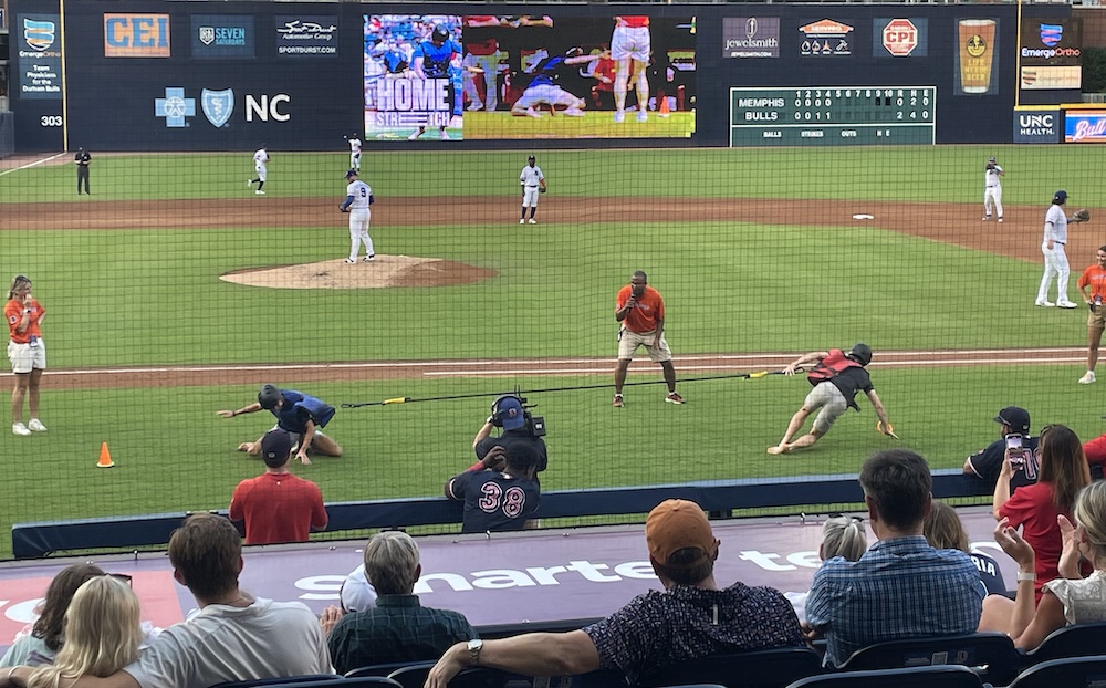 tug-of-war contest at a Durham Bulls game