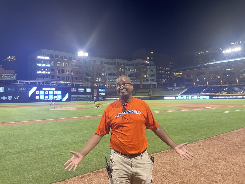 Jatovi McDuffie, on-field announcer for the Durham Bulls 