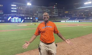 Jatovi McDuffie, on-field announcer for the Durham Bulls