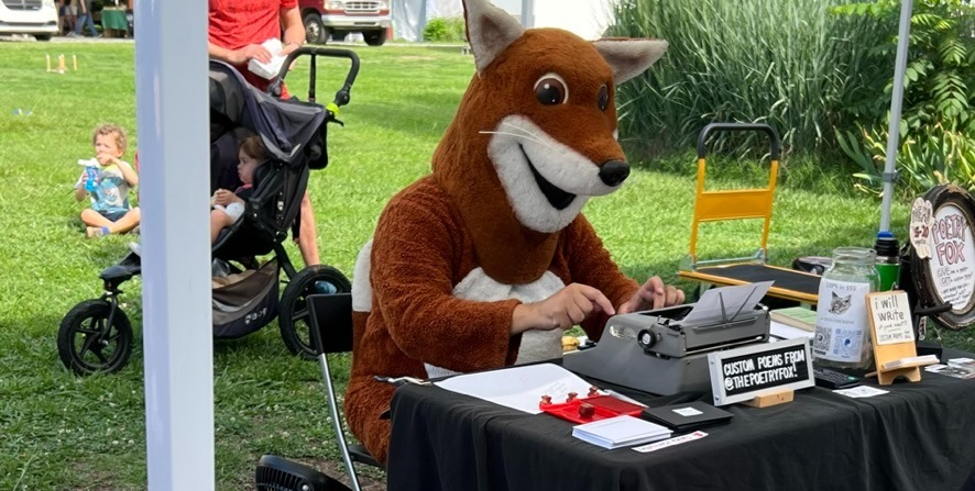 The Poetry Fox at the Durham Farmer's Market in 2023. 