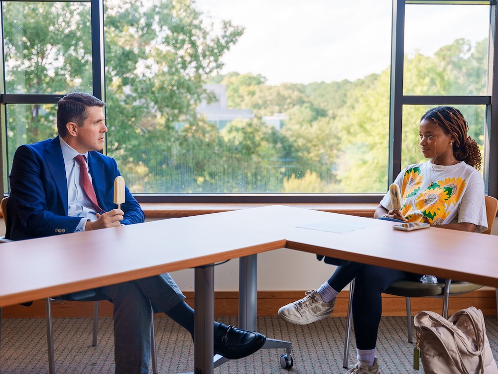 Brad Briner is shown during an interview with 9th Street reporter Courtney Lucius