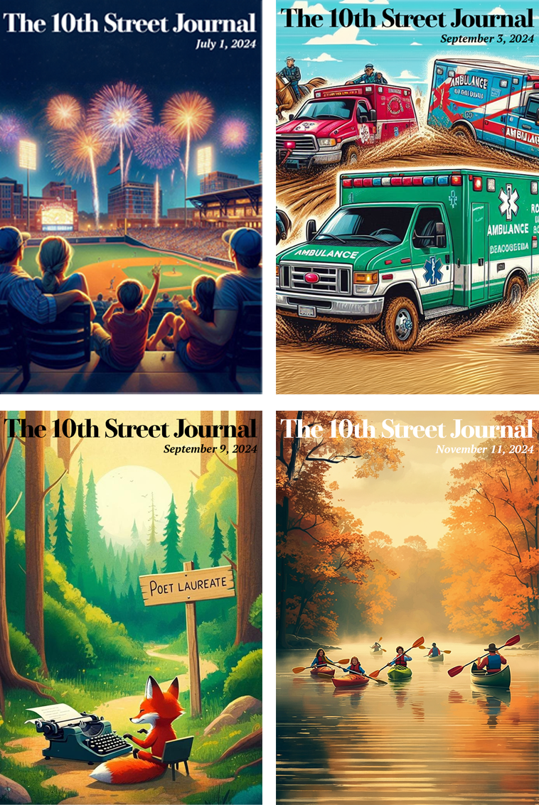 A collage of four cover images from the 10th Street Journal newsletter.