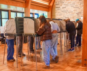 Voters cast ballots during early voting at Karsh Alumni Center