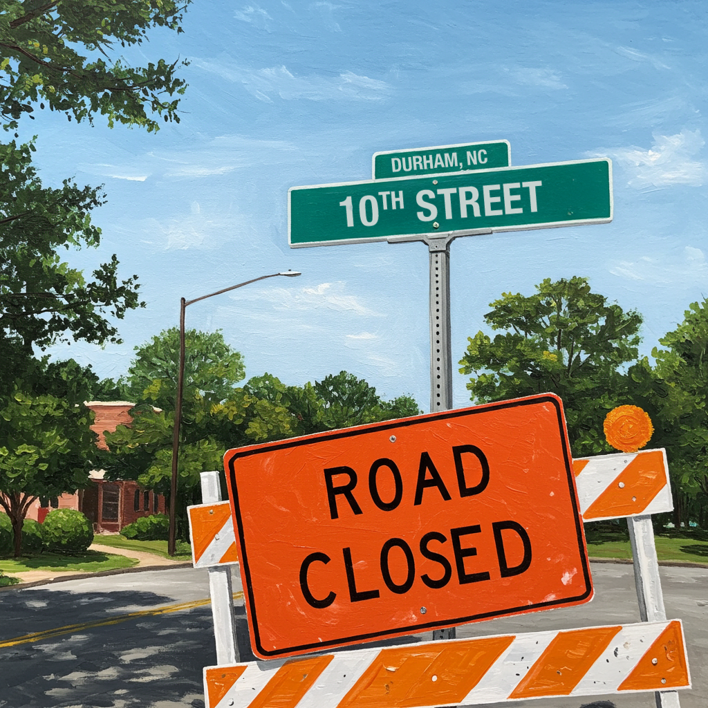 An AI-generated image of a "road closed" sign in front of a street sign that reads, "Durham, NC" and "10th Street."