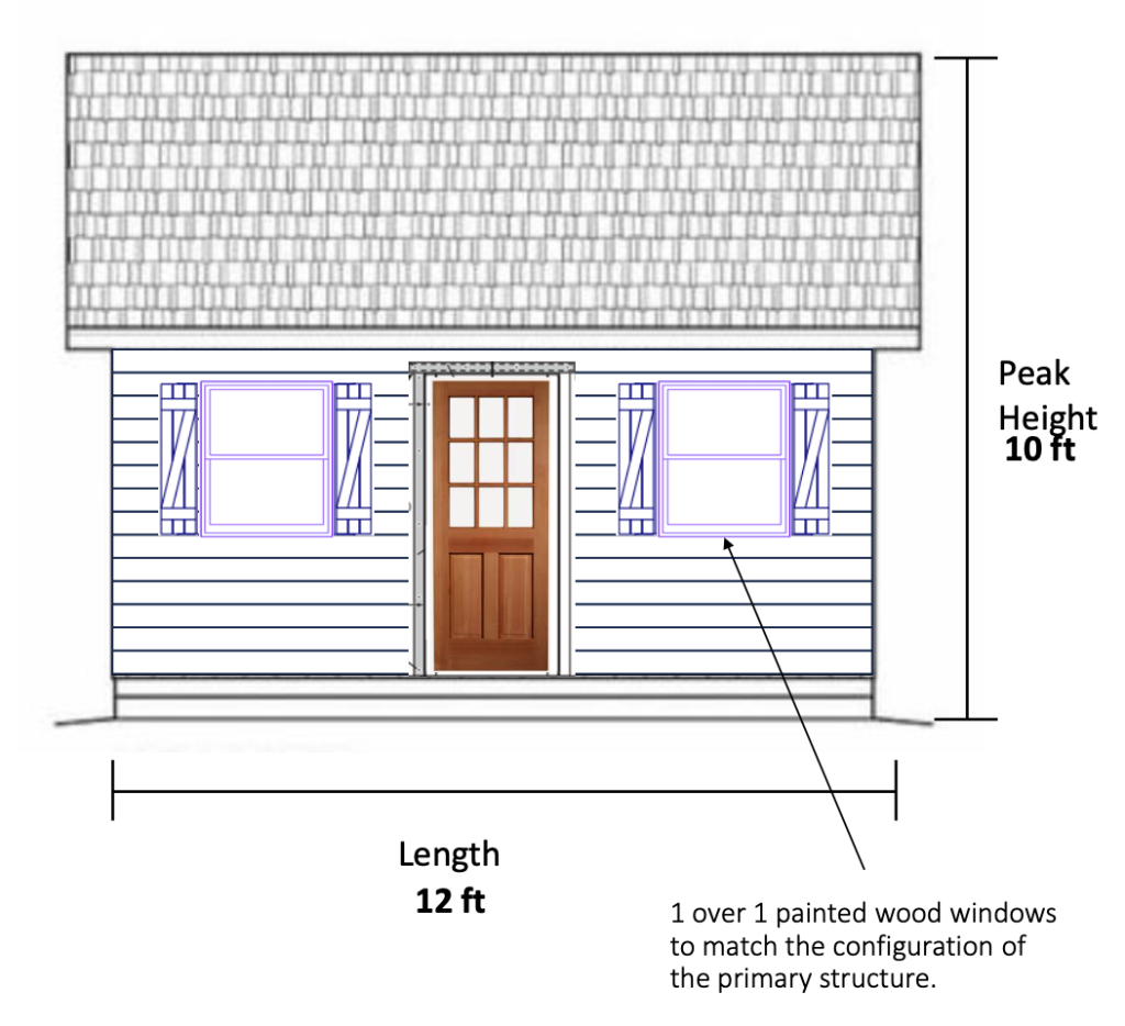 A front view of the proposed shed considered by the commission