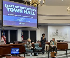 Representative Valerie Foushee at a town hall.