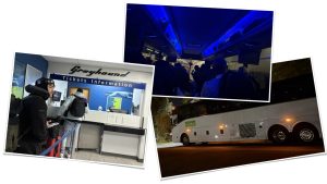 Three photos from a reporter's bus journey: people line up at Greyhound ticket counter; the scene inside the FlixBus; the Flix bus at the Durham bus stop.