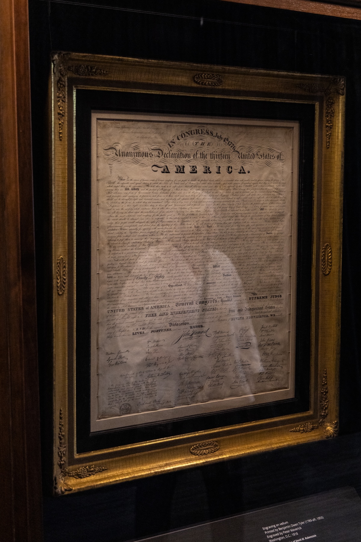 A copy of the Declaration of Independence on display in the Durham library.