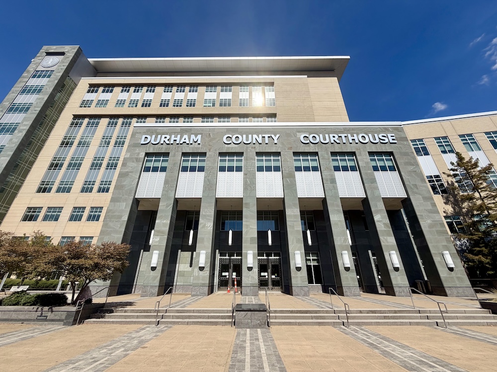 An exterior of the Durham County Courthouse.